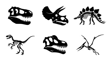 Dinosaur Skeletons Vector Icons, Prehistoric Creatures Silhouette Collection, Jurassic Era Fossils Set © Krishna