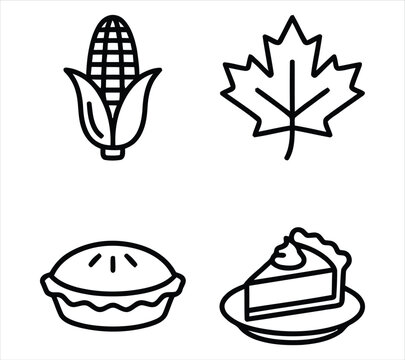 Autumn icons featuring corn maple leaf pie and slice in line art