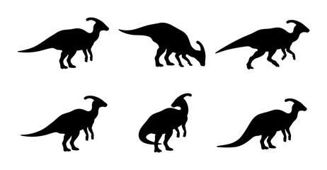 Obraz premium Parasaurolophus Dinosaur Silhouettes, Prehistoric Reptile Vector Icons, Ancient Creature Set