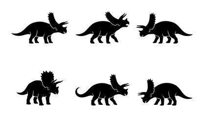 Six Black Triceratops Dinosaur Silhouettes, Prehistoric Reptile Icons, Ancient Creature Vector Graphics © Krishna