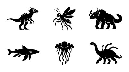 Diverse Creature Icons: Dinosaur, Wasp, Rhino, Shark, Jellyfish, Brontosaurus Vector Set © Krishna