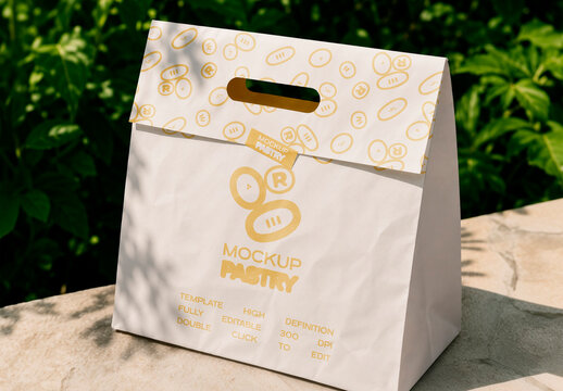Outdoor Stone Ledge with Paper Pastry Bag Mockup