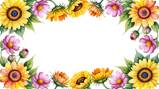 Floral frame border with sunflowers and pink cosmos flowers isolated on white background
