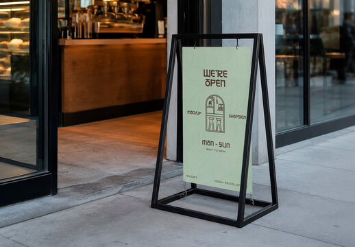 Shop Entrance with A-Frame Sidewalk Sign Mockup