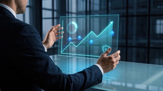 Business professional interacting with holographic data visualization display
