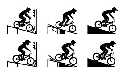 Fototapeta premium BMX Bicycle Stunt Silhouettes, Extreme Sports Action, Freestyle Cycling Performance, Vector Set
