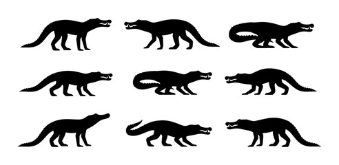 Obraz premium Alligator Silhouette Collection, Reptile Animal Icons, Wildlife Vector Graphics, Black and White