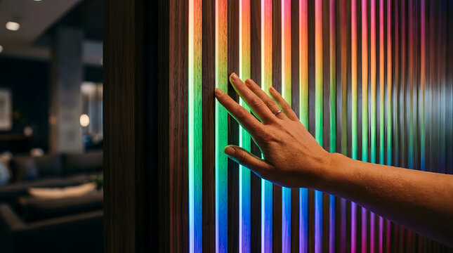 Close up of a hand touching a colorful LED illuminated wall panel, creating a modern ambiance and interactive experience
