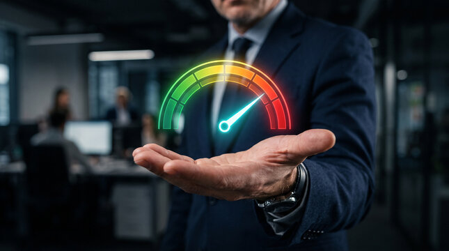 Business person holding a digital speedometer gauge in hand to show performance and speed concept