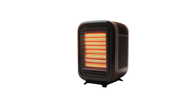 Electric space heater with glowing coils features a modern dark design.