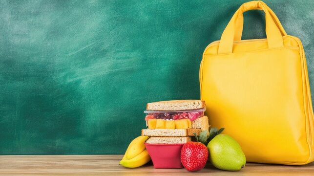 A vibrant yellow school bag rests on a wooden table, showcasing a delicious lunch of sandwiches and fresh fruit against a green chalkboard