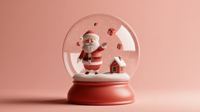 Santa in a pink snow globe with floating gifts and a tiny snowy house for Christmas display