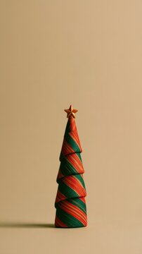 Minimal red and green Christmas tree sculpture with golden star on top for modern holiday decor