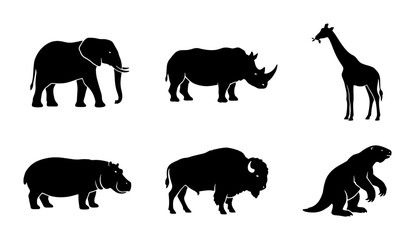 Fototapeta premium African Wildlife Silhouettes: Elephant, Rhino, Giraffe, Hippo, Bison, Meerkat Icons