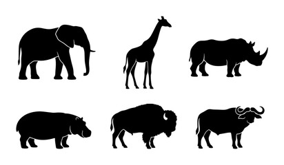 Fototapeta premium African Wildlife Silhouettes: Elephant, Giraffe, Rhino, Hippo, Bison, Buffalo Vector Set