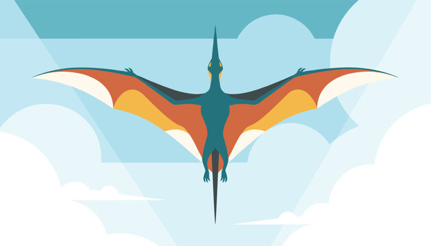 Pterodactyl flying high in the blue sky with wings spread wide over white clouds during the prehistoric dinosaur era.