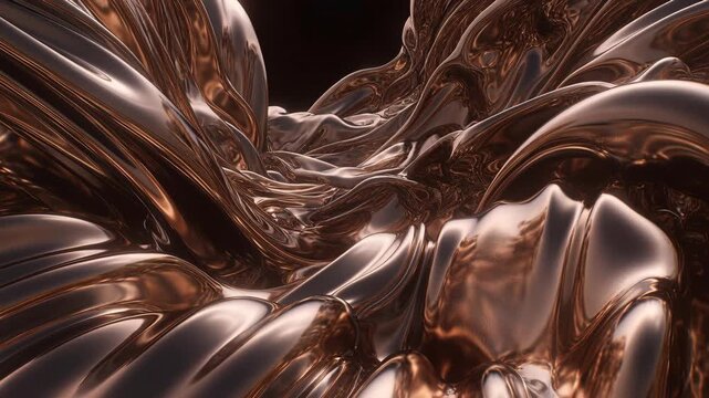 Abstract copper liquid waves in a glossy digital style on a dark background, evoking luxury, motion, and fluidity