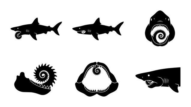 Shark Icons Set, Dangerous Marine Predator Silhouettes, Ocean Wildlife Vector Graphics