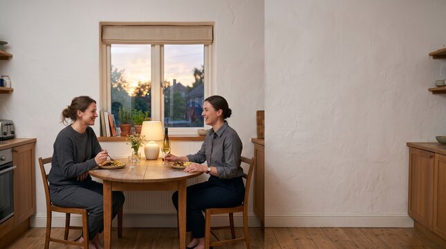 Two housemates sharing an evening meal as one begins her day and one winds down from hers.