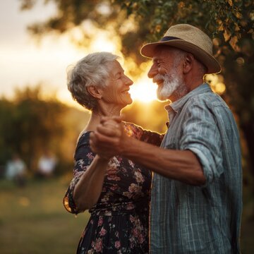 Happy senior couple dancing outdoors at sunset golden hour