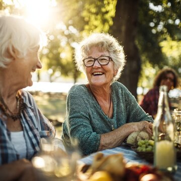 Happy senior women laughing at outdoor dinner party sunset