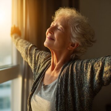 Serene senior woman stretching arms by window in morning sunshine