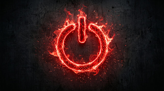 Glowing red power button symbol made of bright flames on a dark black background