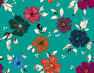 Seamless repeating pattern with Flowrs motifs placed at different angles, balanced by smaller floral elements and filler © Venkatsai