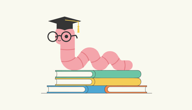 Pink bookworm wearing glasses and a graduation cap crawls on top of a stack of colorful textbooks to represent education and study.