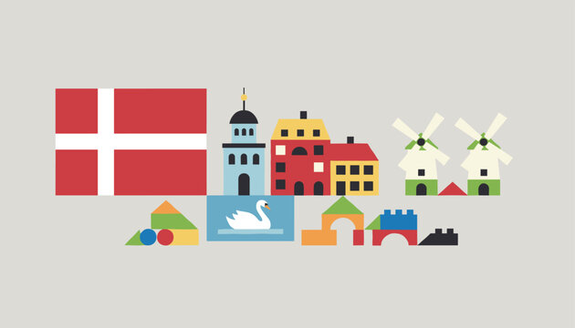 Danish national flag displayed alongside iconic landmarks, building blocks, and cultural symbols of Denmark in a vector style.