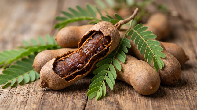 Fresh sweet tamarind pods with green leaves on a rustic wooden table