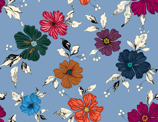 Seamless repeating pattern with Flowrs motifs placed at different angles, balanced by smaller floral elements and filler © Venkatsai