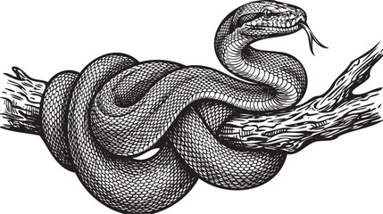 Fototapeta premium Vintage engraving of a coiled snake on a branch, realistic vintage snake illustration, black and white reptile vector art, classic herpetology plate design