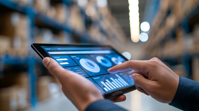 Faceless hands operating a tablet with a warehouse management dashboard against a softly defocused industrial background, inventory tracking, logistics analytics, stock