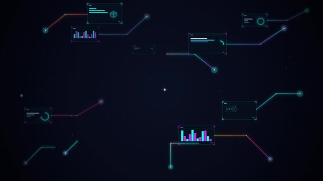 Futuristic digital interface with data visualization elements and hud elements on a dark background
