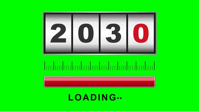 Faithful odometer counter recreation like the reference on solid chroma green background with ALL shadows removed: metallic framed counter with four white cylindrical wheels showing 2 0 2 9, first two