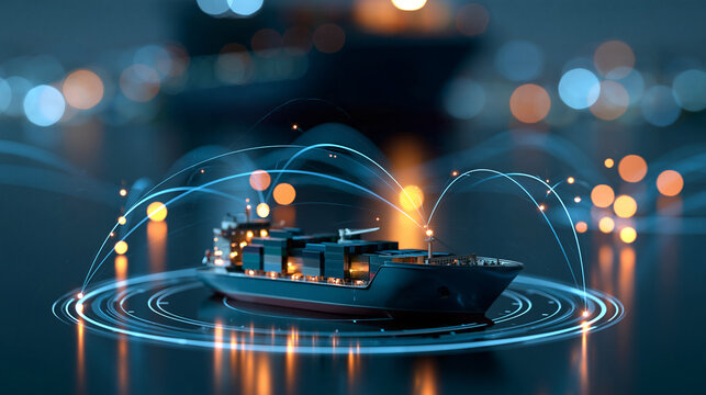 Digital world map connected to a generic cargo vessel and international logistics hubs, import export operations, maritime supply chain, global transportation, shipping