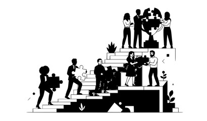 Fototapeta premium Cartoon Business Professionals Building Success with Jigsaw Pieces