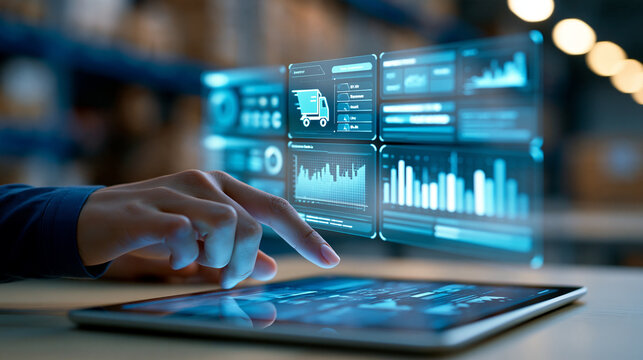 Futuristic business analytics dashboard floating above a tablet in a distribution center, real-time inventory levels, delivery metrics, supply chain performance, data