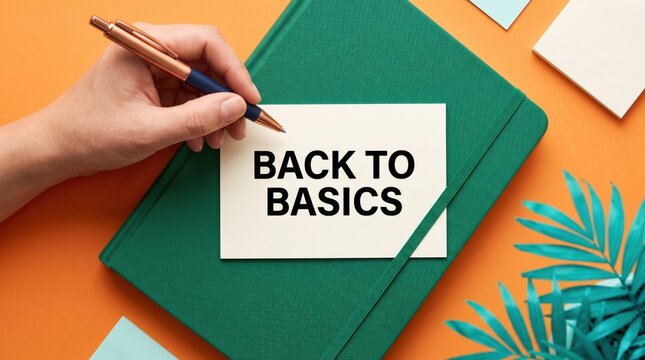 Hand holding elegant copper pen writing back to basics on white paper card resting upon green notebook against orange background