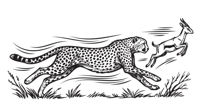 Hand drawn cheetah chasing gazelle set, black white sketch of running leopard and antelope prey, wildlife animal pursuit illustration, dynamic line art, predator prey concept