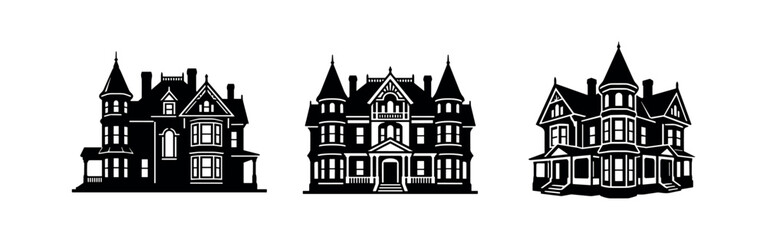 Fototapeta premium Victorian mansion house icons set, historic and ornate architecture