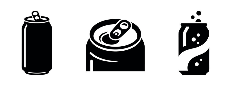 Beverage cans icon set, including open and carbonated drink options.