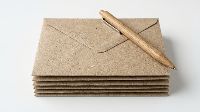 Stack of rustic recycled paper envelopes with a wooden pen on white