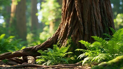 Fototapeta premium Ancient Redwood Tree Trunk with Green Ferns in a Sunlit Forest