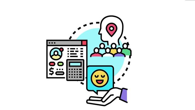 Client expectation management showing a target audience, digital project interface, calculator, and a happy customer feedback symbol in a hand