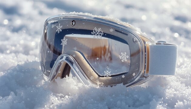 Futuristic luxury women's winter ski goggles with completely transparent glass frame and delicate frozen snowflake patterns on lens sitting on snow
