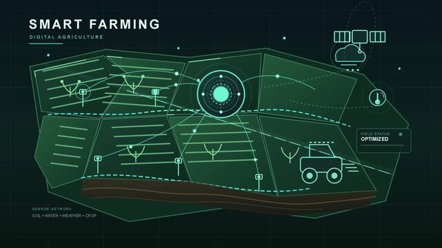 Smart farming digital agriculture HUD interface, futuristic agritech data visualization of farm fields, autonomous tractor and satellite monitoring