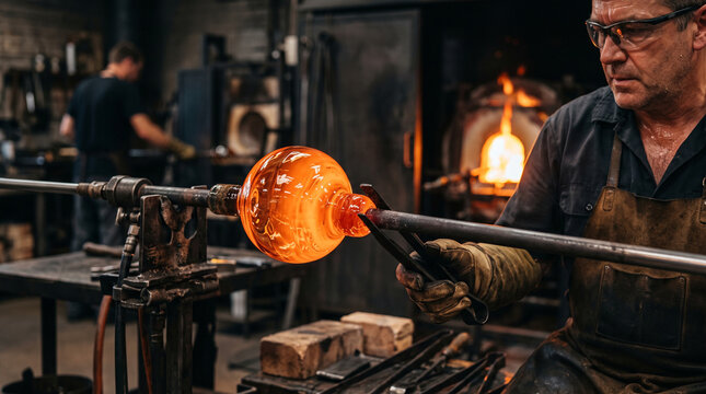 Professional glass blower shaping a molten glowing glass piece in a traditional dark workshop