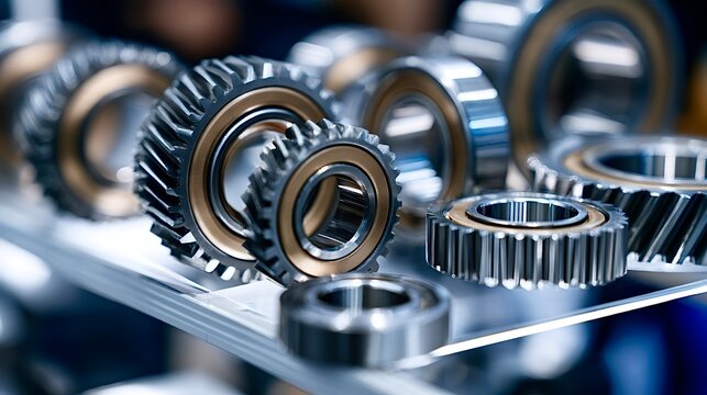Metal gears and bearings on a shelf showing industrial engineering parts